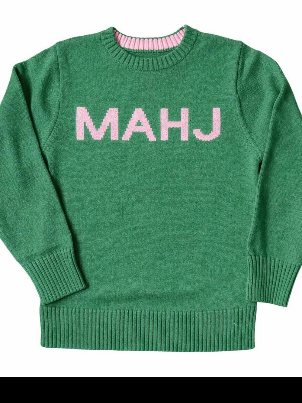 MAHJ Green Knit Sweater with Pink Logo
